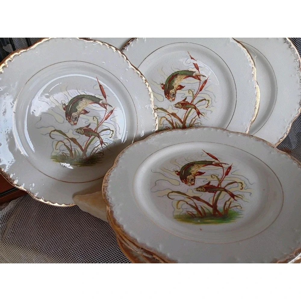 LEBEAU Porcelain Fish Plates French Antique Underwater Asian Style Scene. Set 7
